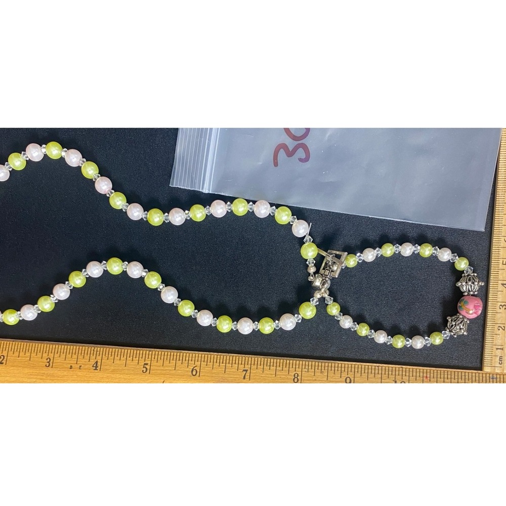 Pink Green Pearl Beaded Necklace Flower Charm Clasp Womens